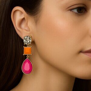 Bold Earrings Color Block Gold-Tone Drop Earrings – Pink, Orange & Clear Stones